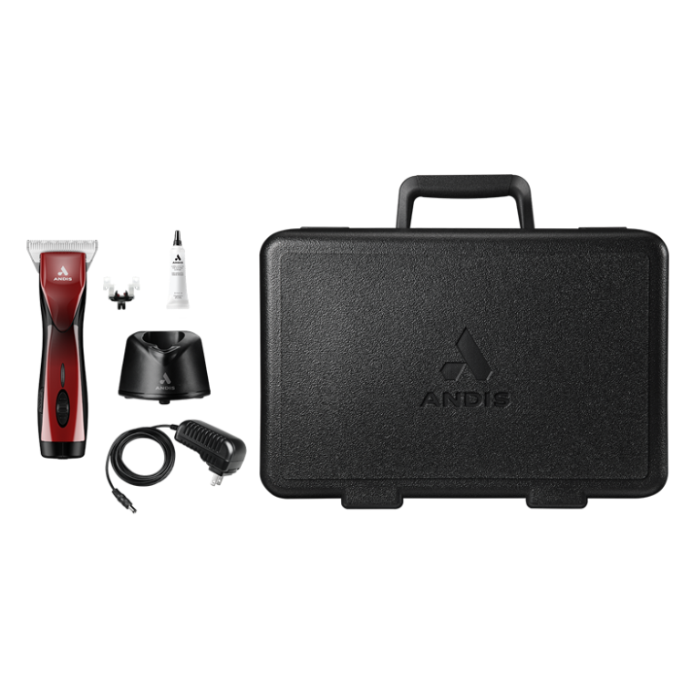 Red Dog Grooming Clipper shown with Charger and Case