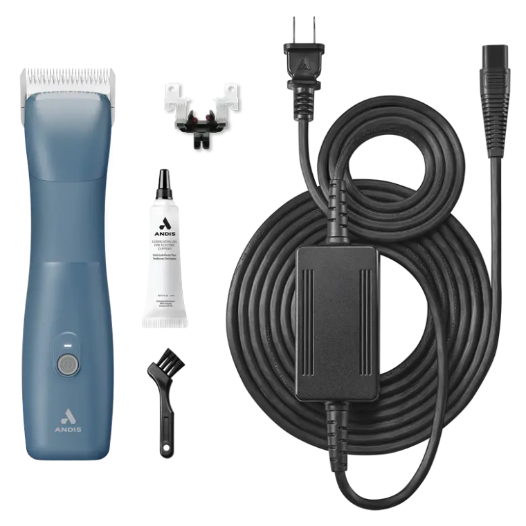eMerge clipper shown with charger and blade drive by Andis