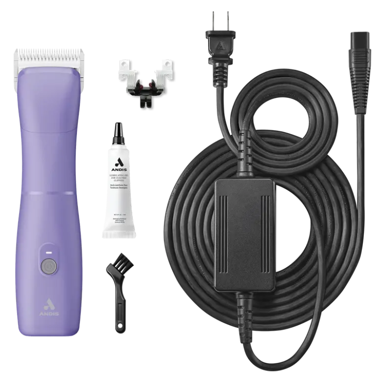 Corldess Dog Clipper shown with charging cable and oil by Andis